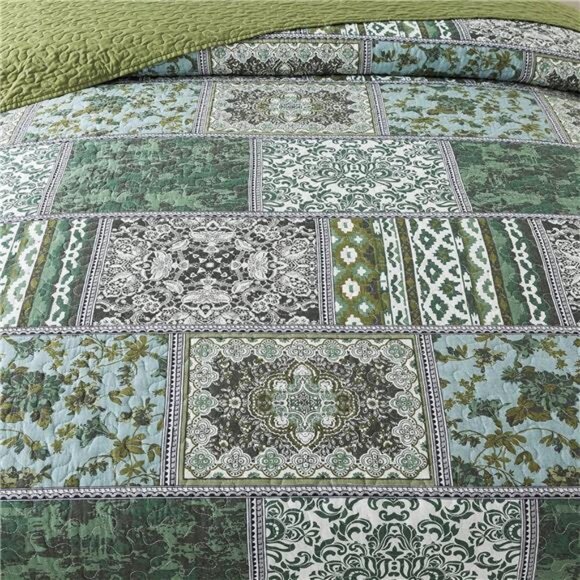 Cotton Bedspread Quilt Sets-Reversible Patchwork Coverlet Set, Classic Bohemian - Picture 4 of 7